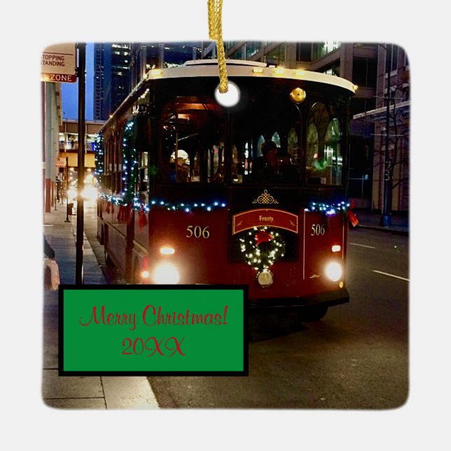 Christmas Trolley In Chicago Ceramic Ornament (Front)