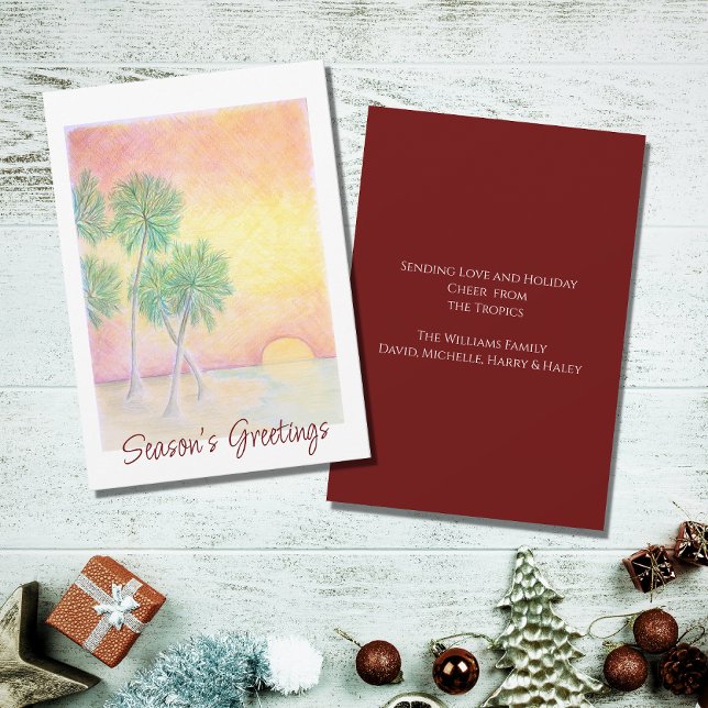 Christmas Tropical Beach Sunset Palm Trees  Holiday Card (Creator Uploaded)