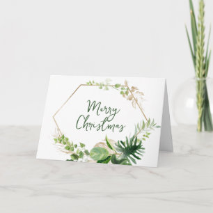 Christmas Tropical Green & Gold Monstera Leaves  Holiday Card