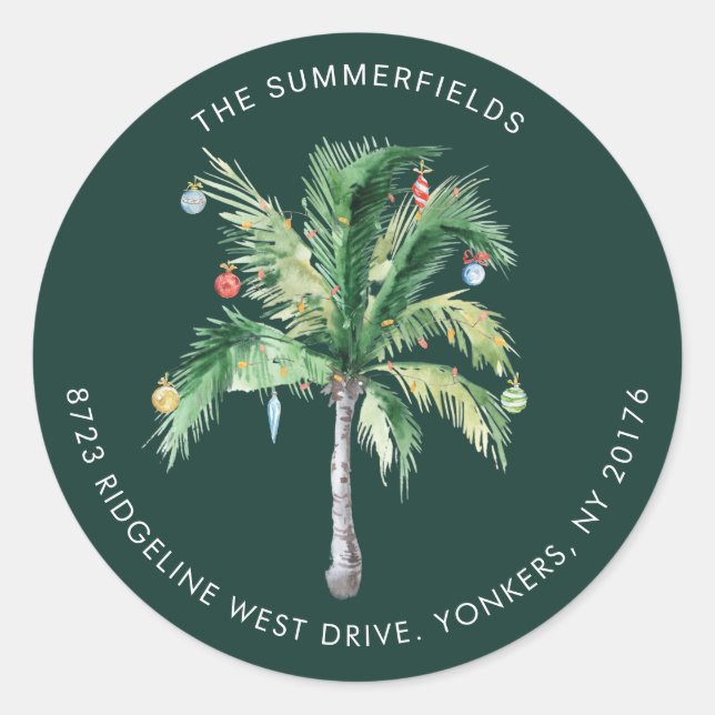 Christmas Tropical Palm Tree Return Address Classic Round Sticker (Front)