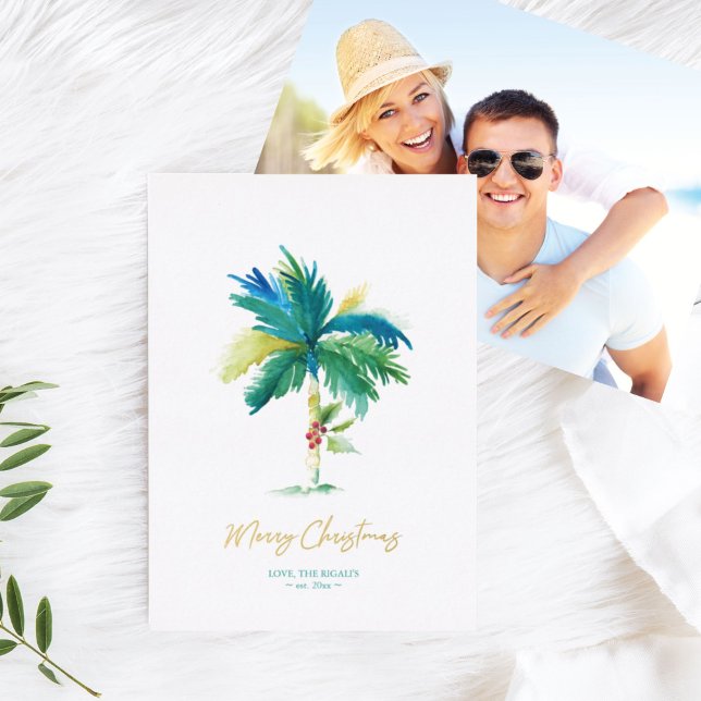 Christmas Tropical Palm Tree Watercolor Photo (Christmas card tropical palm tree photo)