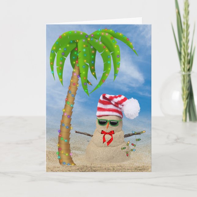 Christmas tropical sand man with palm tree holiday card (Front)