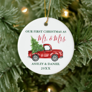 Christmas Truck Calligraphy Mr. Mrs. Red Green Ceramic Tree Decoration