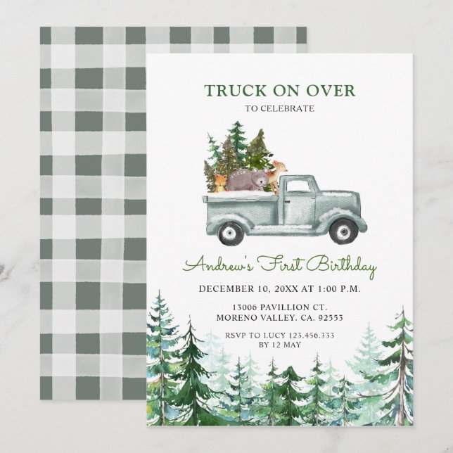 Christmas Truck on over for a birthday party Invitation (Front/Back)
