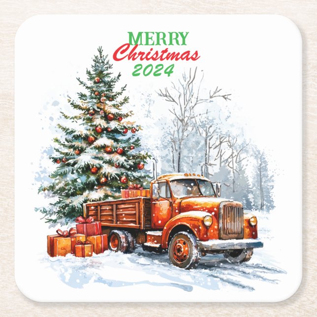 Christmas truck  square paper coaster (Front)