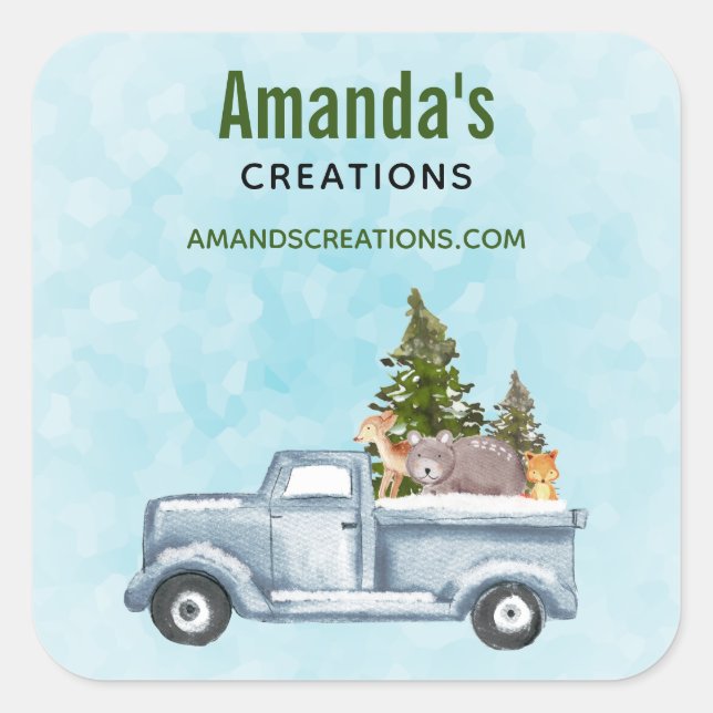 Christmas Truck with Cute Animals Business Square Sticker (Front)