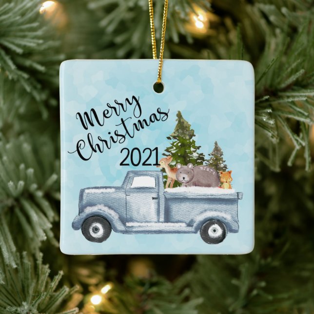  Christmas Truck with Pine Trees & Forest Animals Ceramic Ornament (Tree)