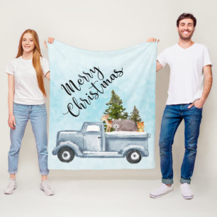 Christmas Truck with Pine Trees & Forest Animals Fleece Blanket
