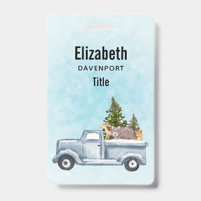 Christmas Truck with Pine Trees & Forest Animals ID Badge (Front)