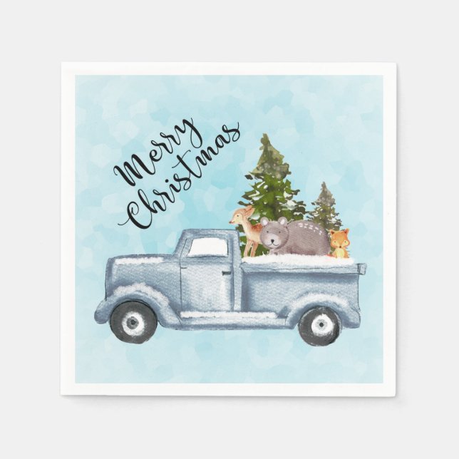Christmas Truck with Pine Trees & Forest Animals Napkin (Front)