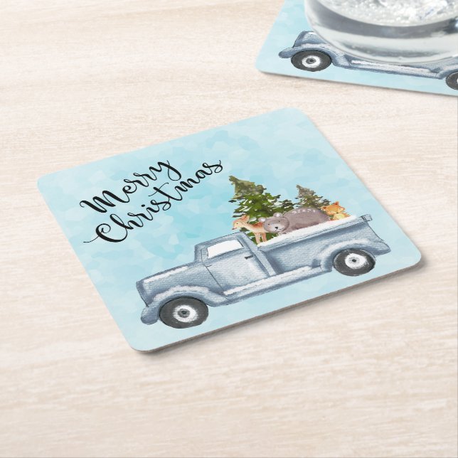Christmas Truck with Pine Trees & Forest Animals Square Paper Coaster (Angled)