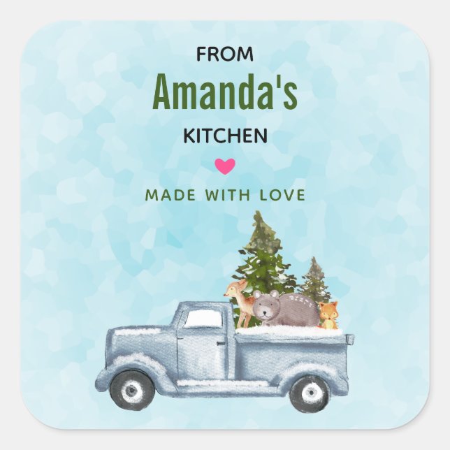 Christmas Truck with Pine Trees & Forest Animals Square Sticker (Front)