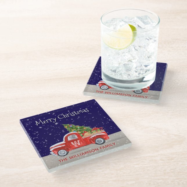 Christmas Truck With Snow at Night Monogrammed Glass Coaster (Angled)