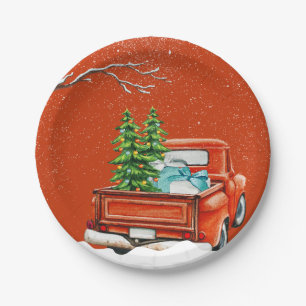 Christmas truck with trees birthday Invitation Paper Plate
