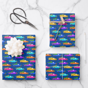 Christmas Trucks Xmas Trees Wreaths Colourful Blue Wrapping Paper Sheet
