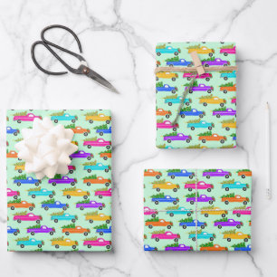 Christmas Trucks Xmas Trees Wreaths Colourful Gree Wrapping Paper Sheet