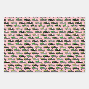 Christmas Trucks Xmas Trees Wreaths Grayscale Pink Wrapping Paper Sheet