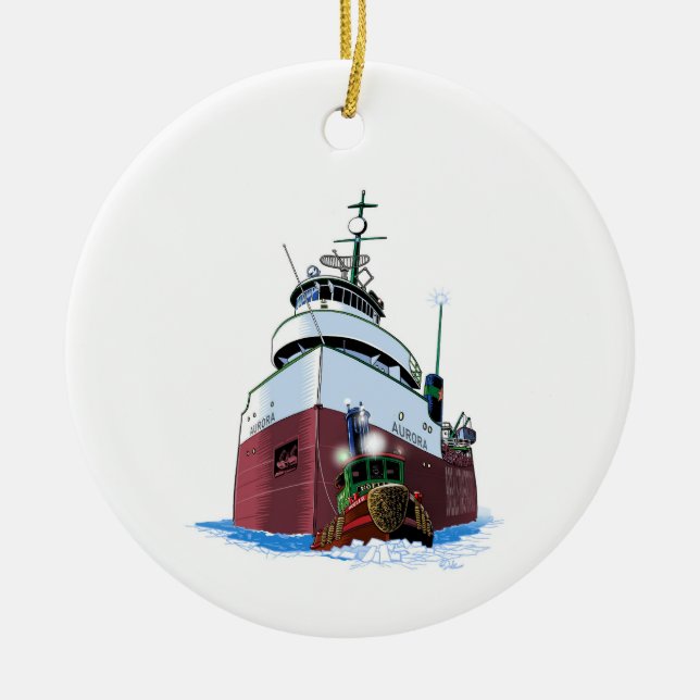 Christmas tug and freighter ceramic tree decoration (Front)