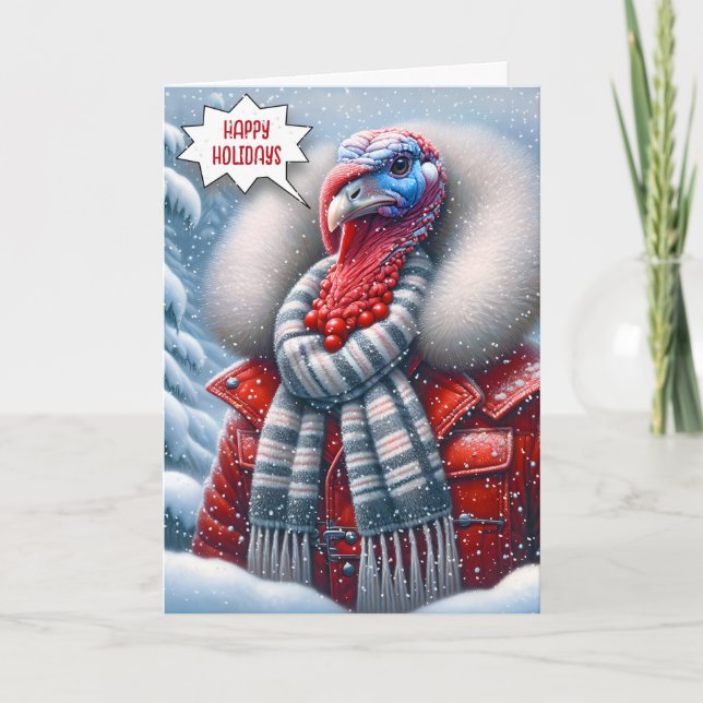 Christmas Turkey With Red Coat Card (Front)