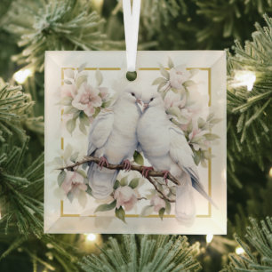 Christmas Turtle Doves In Pear Tree Glass Ornament