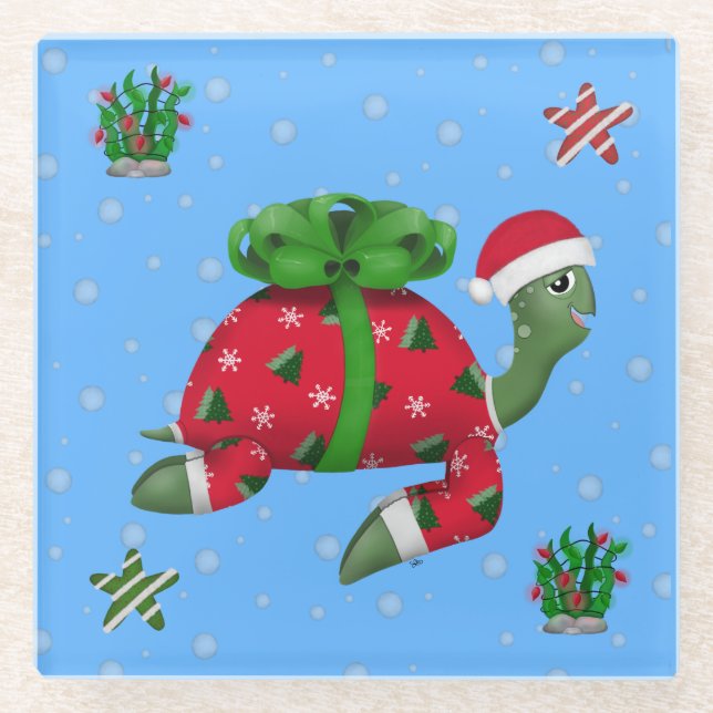 Christmas Turtle Glass Coaster (Front)