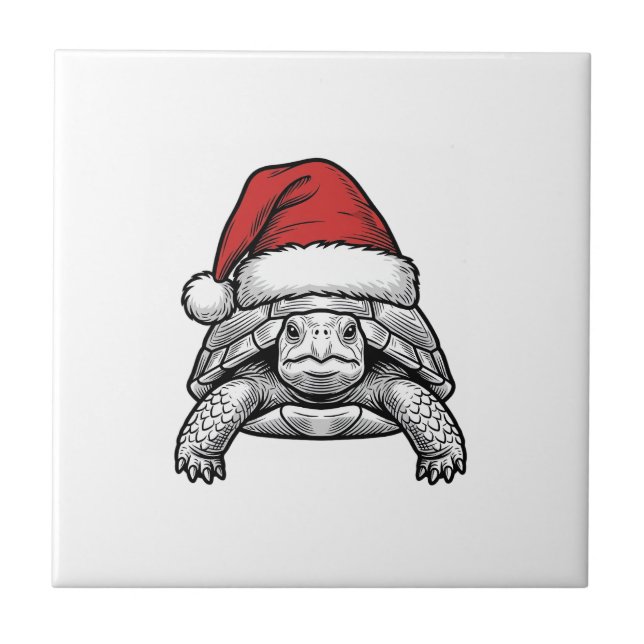 Christmas Turtle Santa Hat Vintage Engraving Desig Tile (Front)