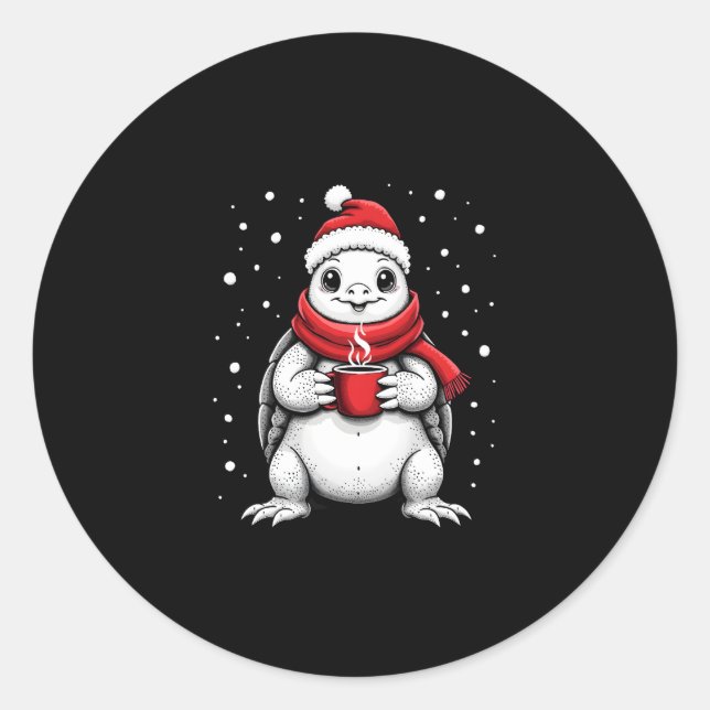 Christmas Turtle with Santa Hat Coffee Lover Funny Classic Round Sticker (Front)