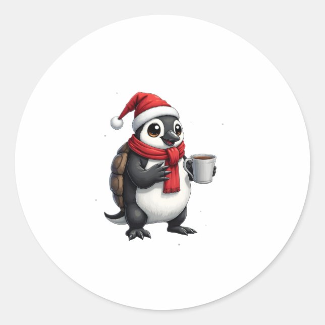 Christmas Turtle with Santa Hat Coffee Lover Funny Classic Round Sticker (Front)