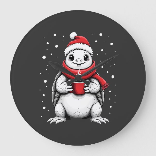 Christmas Turtle with Santa Hat Coffee Lover Funny Large Clock (Front)