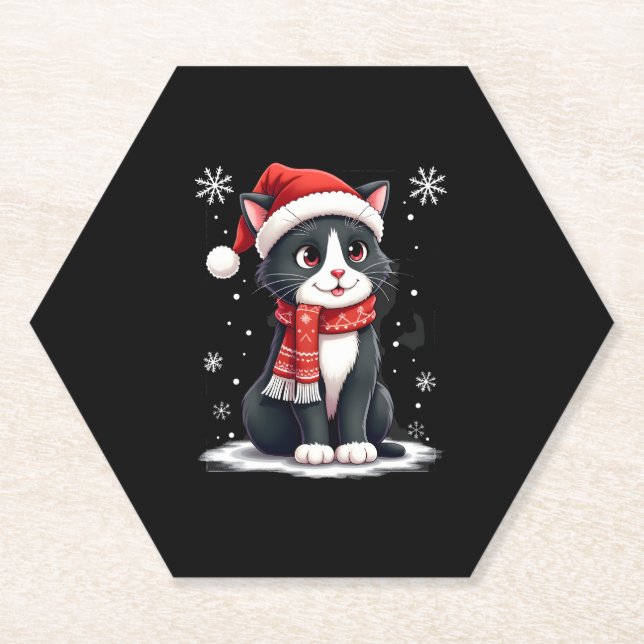 Christmas Tuxedo Cat Santa Scarf Ugly Xmas Women G Paper Coaster (Front)
