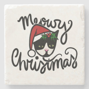 Christmas Tuxedo Cat Stone Coaster