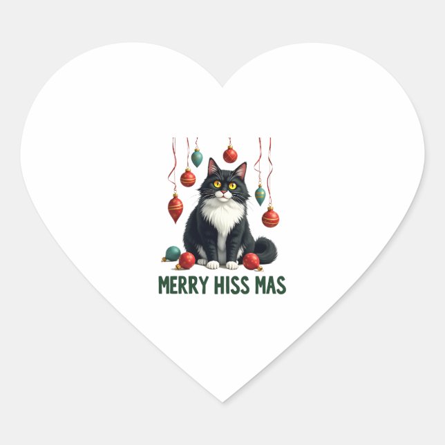 Christmas Tuxedo Cat with Holiday Decorations Merr Heart Sticker (Front)