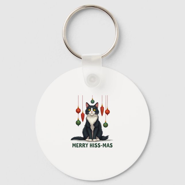 Christmas Tuxedo Cat with Holiday Decorations Merr Key Ring (Front)