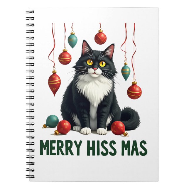 Christmas Tuxedo Cat with Holiday Decorations Merr Notebook (Front)