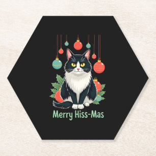 Christmas Tuxedo Cat with Holiday Decorations Merr Paper Coaster