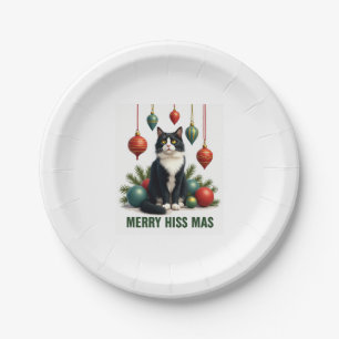 Christmas Tuxedo Cat with Holiday Decorations Merr Paper Plate