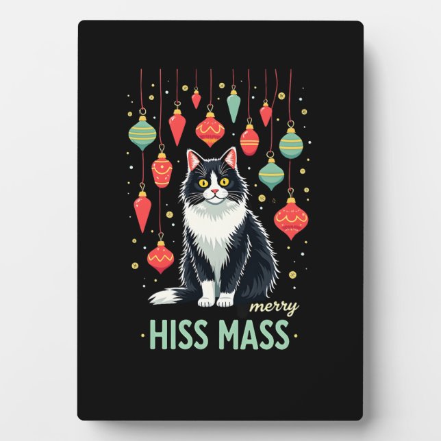 Christmas Tuxedo Cat with Holiday Decorations Merr Plaque (Front)