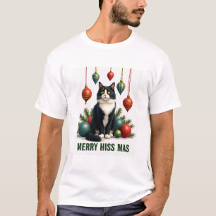 Christmas Tuxedo Cat with Holiday Decorations Merr T-Shirt