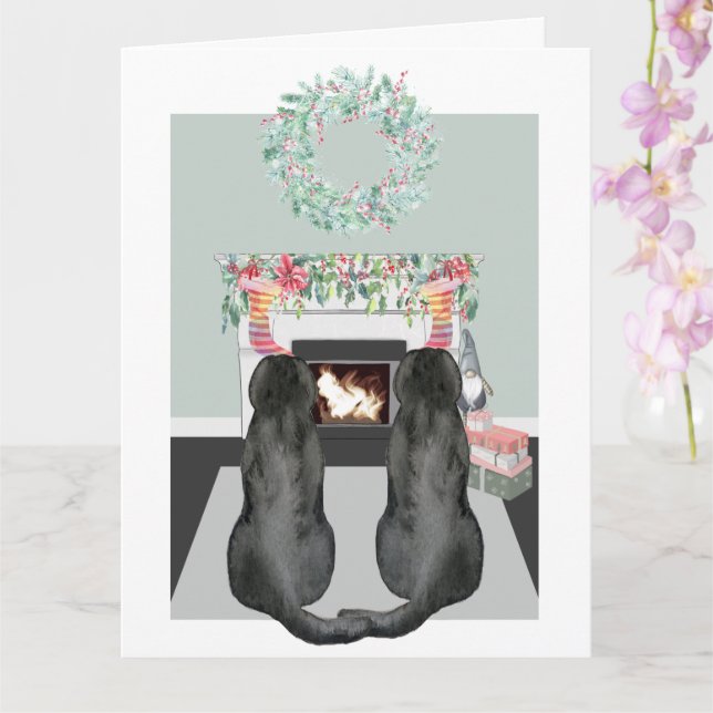 Christmas Two Black Labrador Dogs Fireplace Scene  Card (Orchid)