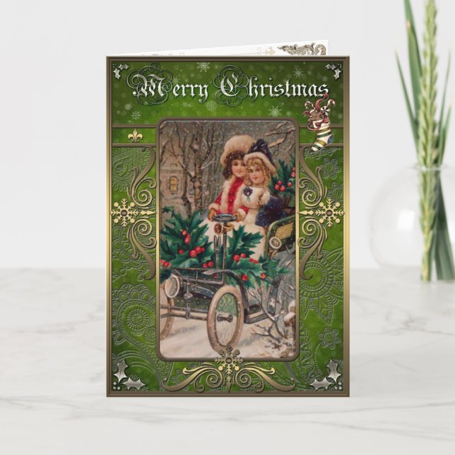 Christmas - Two girls in the car in the winter. Holiday Card (Front)