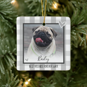 Christmas Two Photo Country Plaid Pet Ceramic Ornament