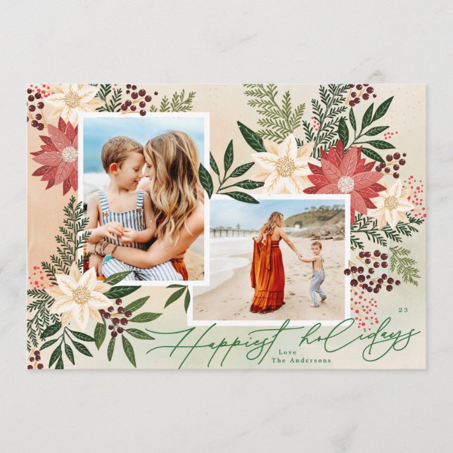 Christmas Two Photo happiest botanical floral Holiday Card (Front)