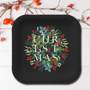 CHRISTMAS Typography Berries and Greenery Paper Plate