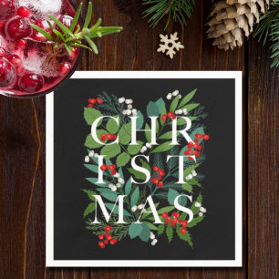 CHRISTMAS Typography Berries Greenery on Black Napkin
