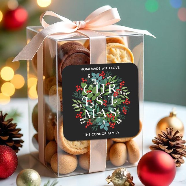 CHRISTMAS Typography Holly Berries Homemade Square Sticker (CHRISTMAS Typography Greenery and Berries Homemade with Love 3" Square Stickers)