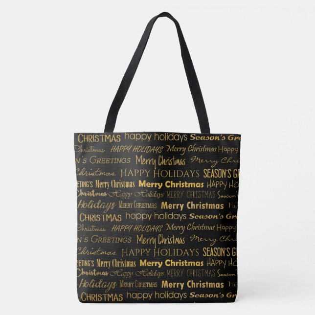 Christmas Typography Pattern Trendy Gold Tote Bag (Front)
