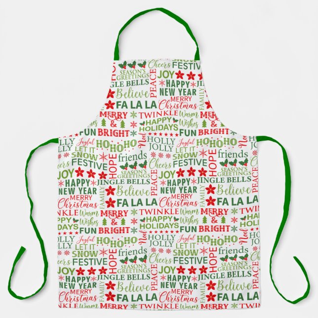 Christmas Typography Red & Green Seamless Pattern Apron (Front)