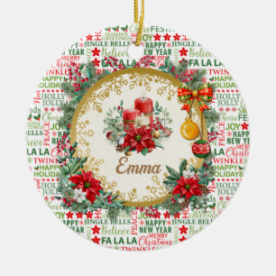 Christmas Typography Red & Green Seamless Pattern Ceramic Tree Decoration