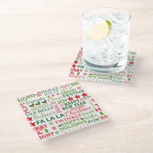 Christmas Typography Red & Green Seamless Pattern Glass Coaster