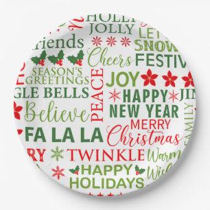 Christmas Typography Red & Green Seamless Pattern Paper Plate